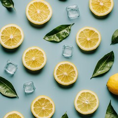 Fresh Lemon Slices with Ice and Leaves