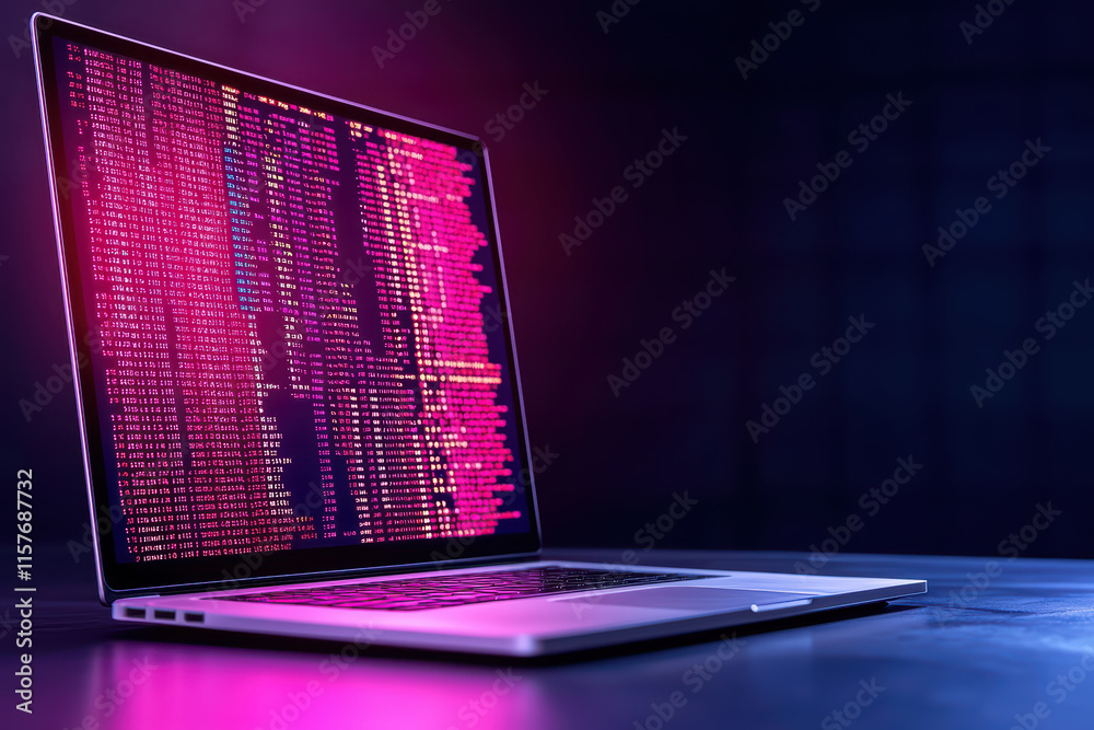 Poster close up of laptop displaying colorful code and data on screen, creating vibrant tech atmosphere