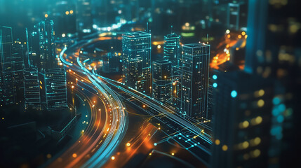 Obraz premium Smart digital Innovation city with connection network reciprocity over the cityscape. of future smart wireless digital city and social media networking systems that connects people with in city