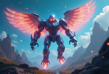 Fototapeta premium A large mechanical creature with glowing wings hovers over a rocky landscape.