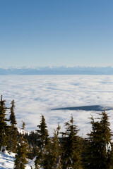 A mountain range in the distance with a sea of clouds,