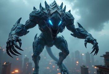 Fototapeta premium A menacing armored creature with glowing blue eyes looms over a cityscape.