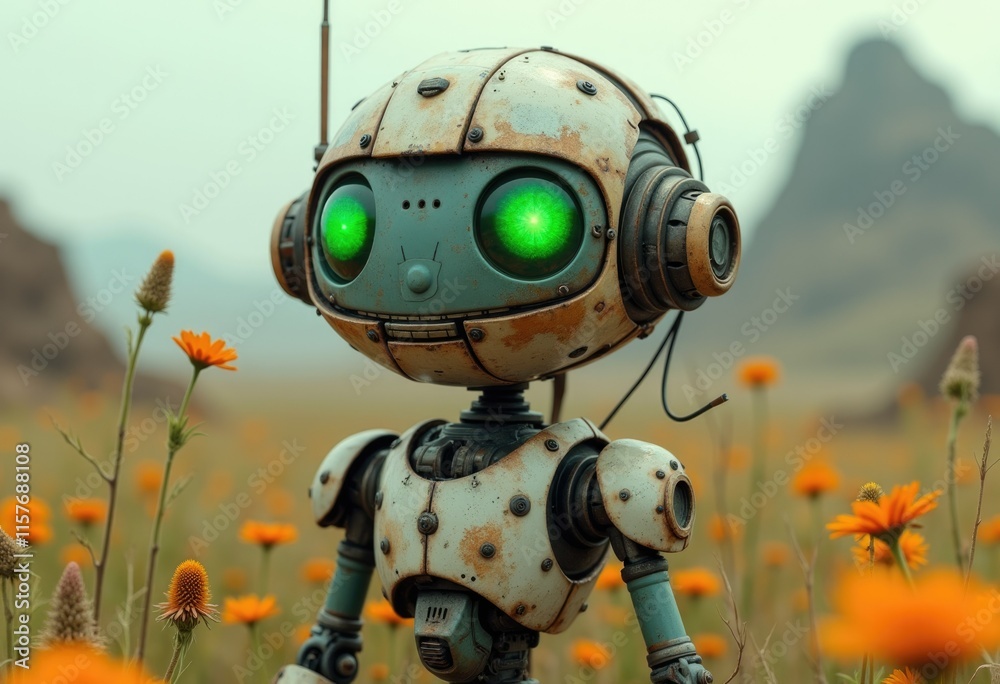 Poster a rusty robot with green eyes stands in a field of orange flowers.