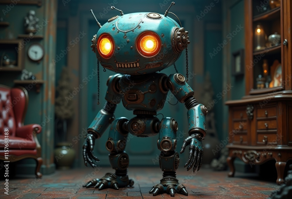 Aufkleber steampunk robot with glowing eyes in dimly lit room.