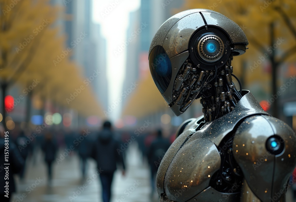 Poster a metallic robot walks through a city with a futuristic design