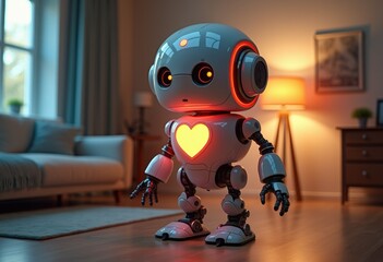 A cute robot with a heart on its chest stands in a living room.