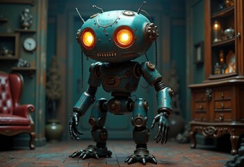 Fototapeta premium Steampunk robot with glowing eyes in dimly lit room.