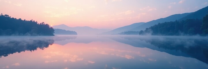 Fototapeta premium Soft blue mist rises from a serene lake at dawn, calming, dawn