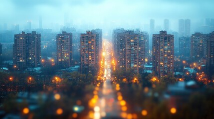 Obraz premium Aerial view of a city's skyline at night from a high-rise building, highlighting the urban landscape and nighttime activity