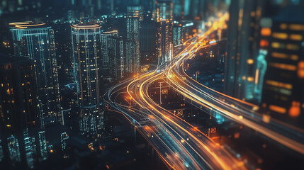 Fototapeta premium Smart digital Innovation city with connection network reciprocity over the cityscape. of future smart wireless digital city and social media networking systems that connects people with in city