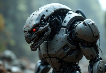 Fototapeta premium A robotic creature with sharp teeth and a menacing red eye.