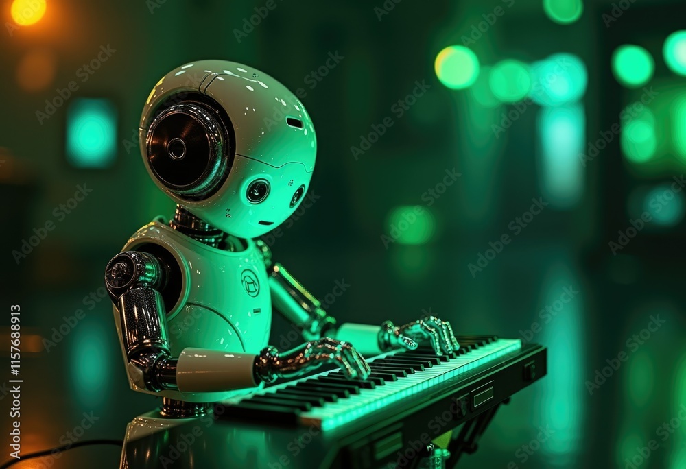 Poster a white robot plays a keyboard with green lights in the background.