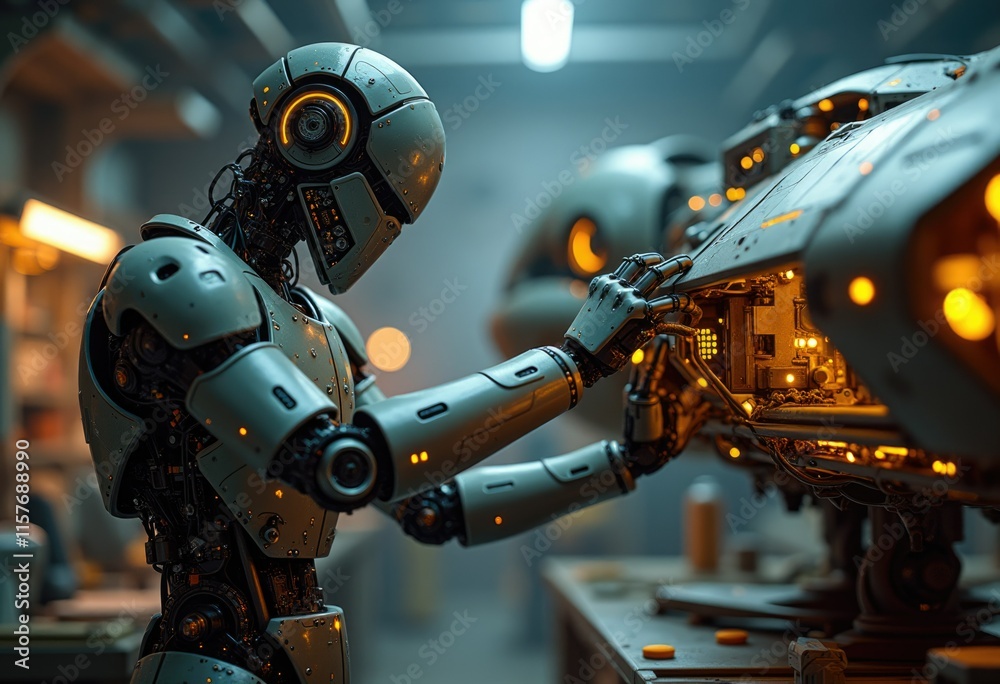 Poster a robotic hand reaches into a futuristic spacecraft inspecting its intricate workings.