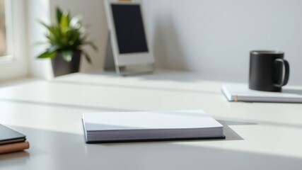 Obraz premium Sunlit Workspace Featuring Blank Notebook and Coffee Cup