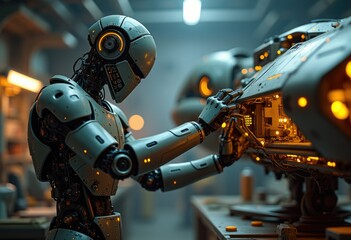 Fototapeta premium A robotic hand reaches into a futuristic spacecraft inspecting its intricate workings.