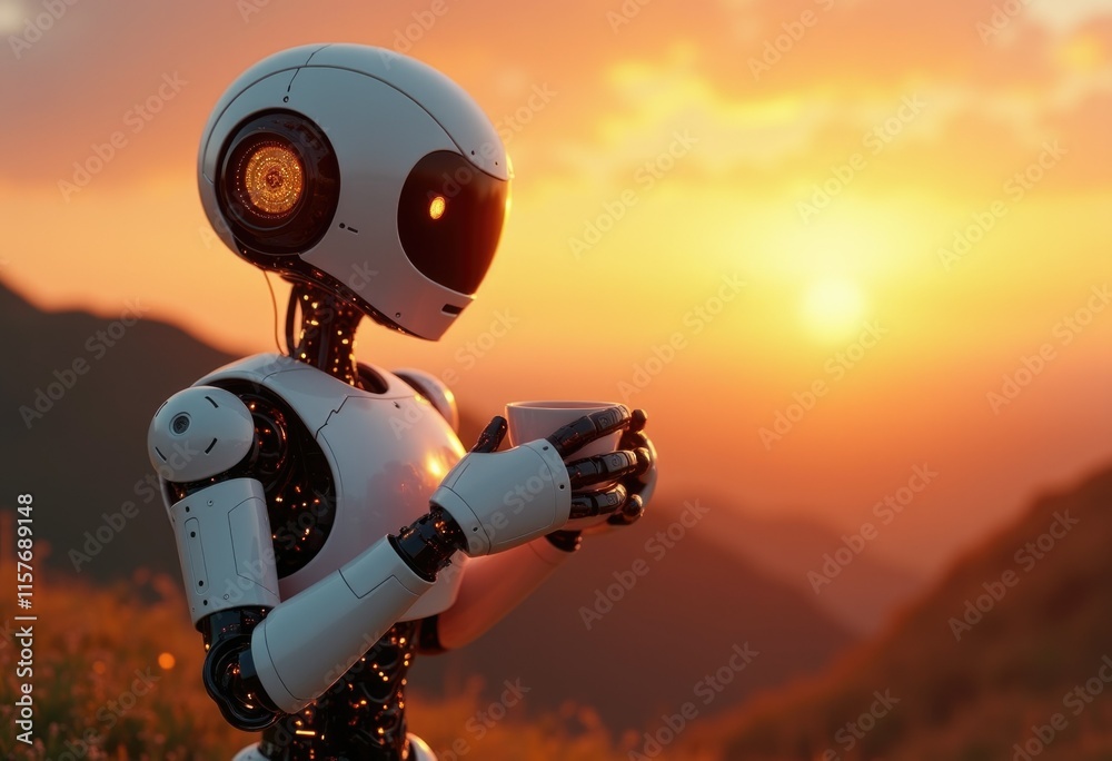 Aufkleber a humanoid robot enjoys a cup of coffee while watching the sunrise over a mountain range.