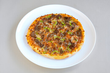 Traditional Turkish cuisine. Pizza, pita, pidesi, sucuk, hummus, kebab. Many dishes on the table. Serving dishes in restaurant. Margherita,  mix, formaggi, veggie karisik pizza. Top view, flat lay