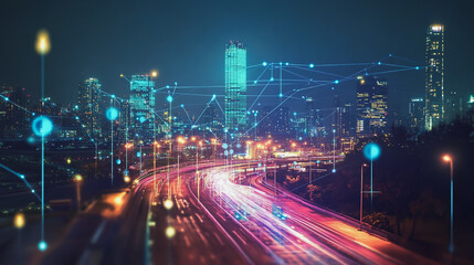 Smart digital Innovation city with connection network reciprocity over the cityscape. of future smart wireless digital city and social media networking systems that connects people with in city