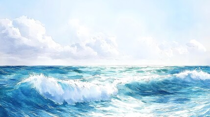 Watercolor painting of ocean waves and sky, on a white background