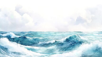 Naklejka premium Watercolor painting of ocean waves and sky, on a white background