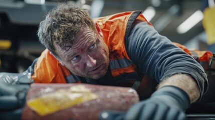 A person wearing an orange vest works on a piece of metal, possibly fixing or modifying it