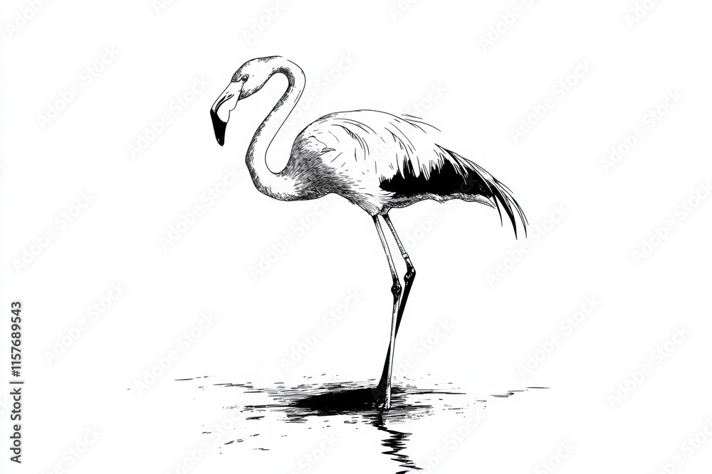 Poster Illustration of a flamingo standing gracefully in a tranquil water setting with ample space for additional text and creative elements. Generative AI