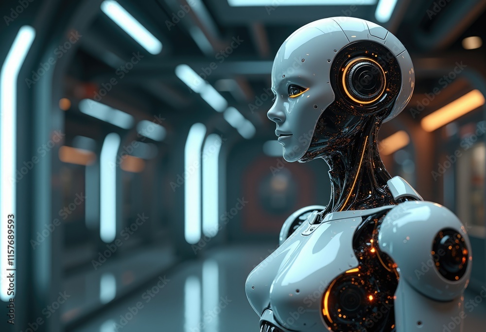 Poster a white humanoid robot with glowing circuits stands in a futuristic hallway.