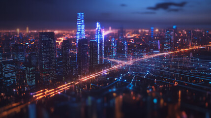Obraz premium Smart digital Innovation city with connection network reciprocity over the cityscape. of future smart wireless digital city and social media networking systems that connects people with in city