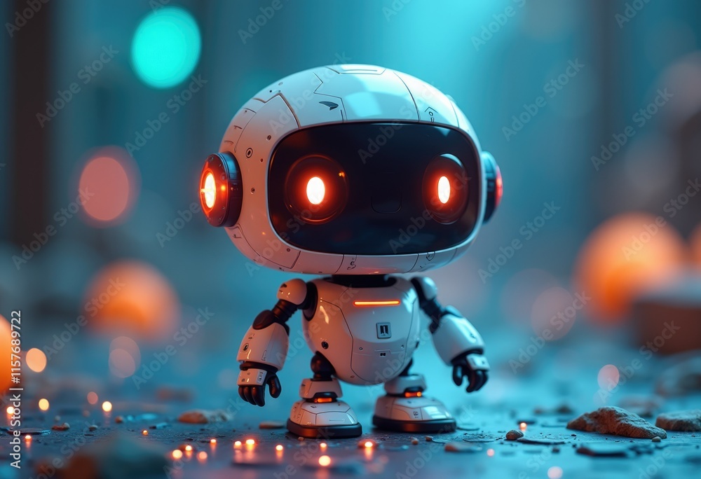 Poster a small white robot with red glowing eyes stands on a surface with blurred lights in the background.