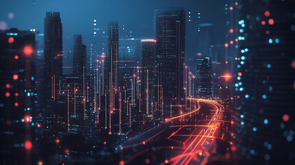 Fototapeta premium Smart digital Innovation city with connection network reciprocity over the cityscape. of future smart wireless digital city and social media networking systems that connects people with in city