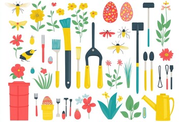 A collection of gardening tools and colorful flowers on a sunny day