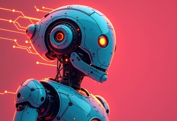 Futuristic robot with blue body and orange eyes on pink background.