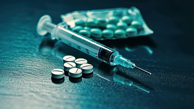 Close-up of a syringe and various pills on a table, symbolizing drug dependency, addiction, and substance abuse issues in society.