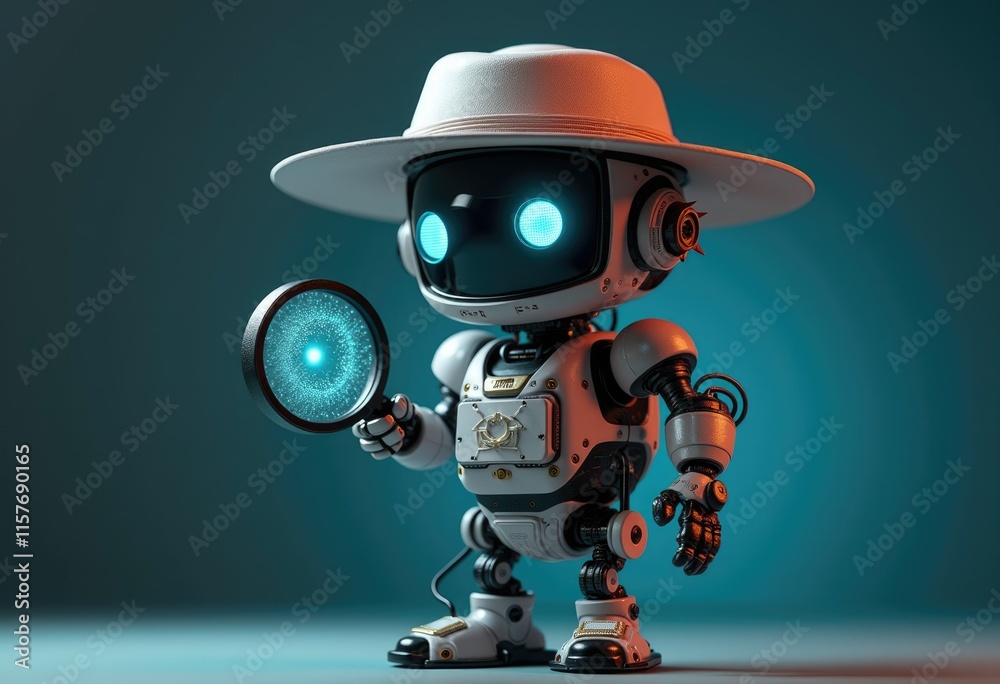 Leinwandbilder a white robot with a magnifying glass and a hat exploring the unknown.