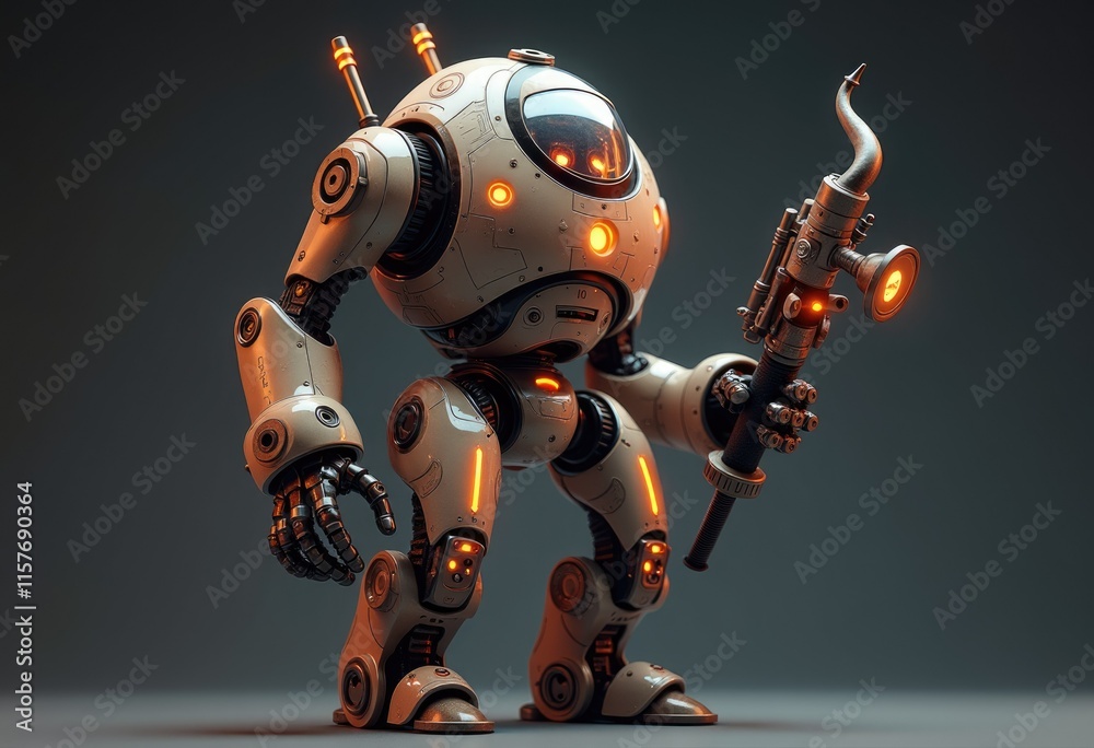 Aufkleber a futuristic robot with glowing orange lights and a unique weapon.