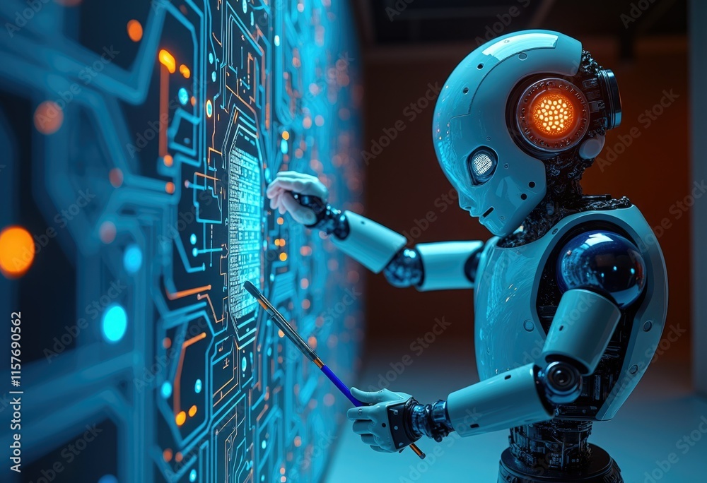 Poster humanoid robot demonstrates artificial intelligence with digital circuit board.