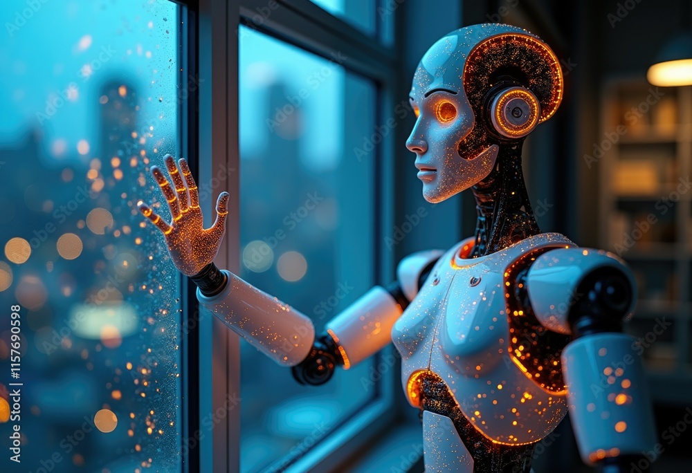 Poster a humanoid robot with glowing circuits looks out a window at a cityscape.