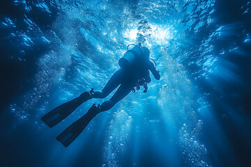 A scuba diver exploring the deep ocean surrounded by glowing bubbles, vibrant marine life, and ethereal blue light, capturing the thrill of underwater adventure.