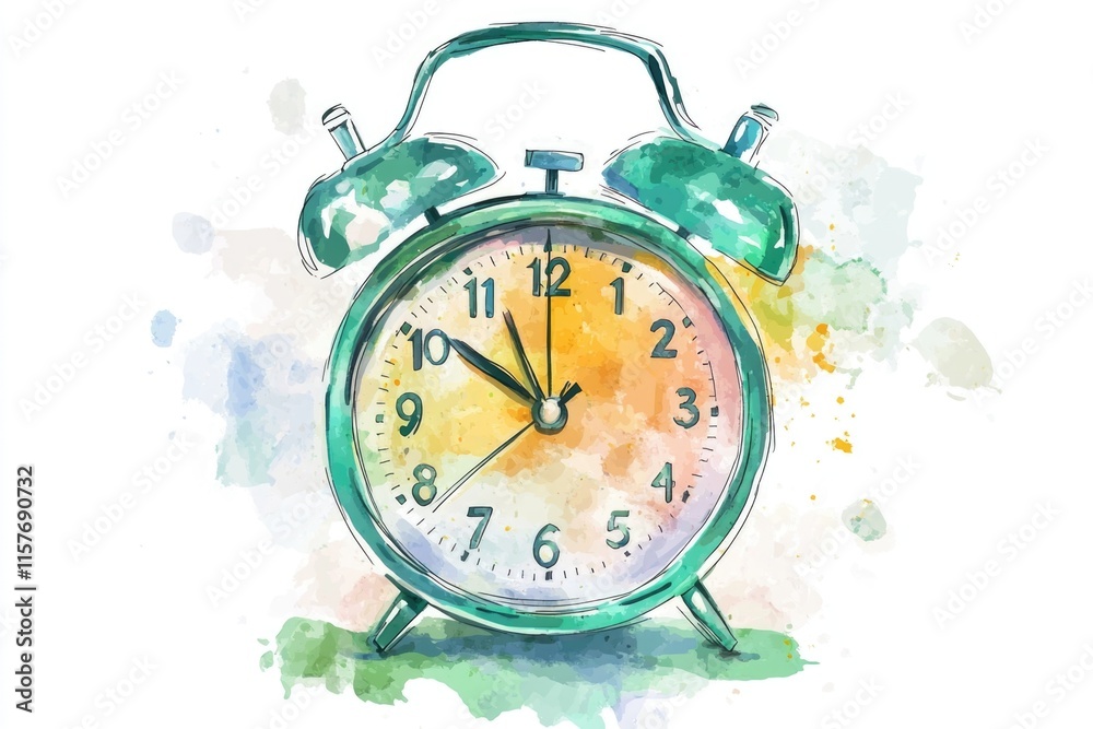 Poster watercolor illustration of an alarm clock, perfect for use in design projects or as a decorative ele