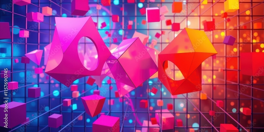 Wall mural abstract geometric shapes in vibrant colors floating within a grid
