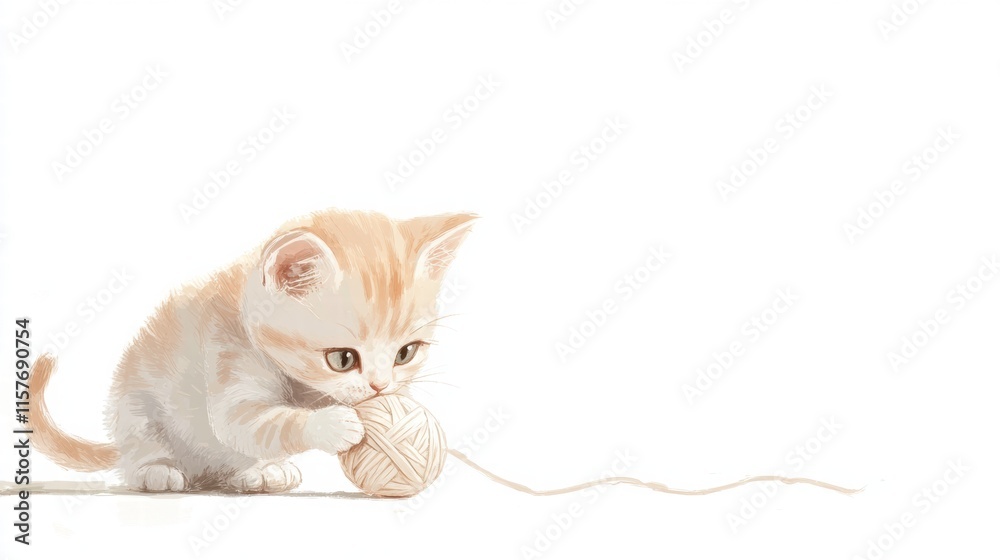 Poster Cute kitten plays with a ball of yarn in a cozy indoor setting with plenty of copy space for text and message creation. Generative AI