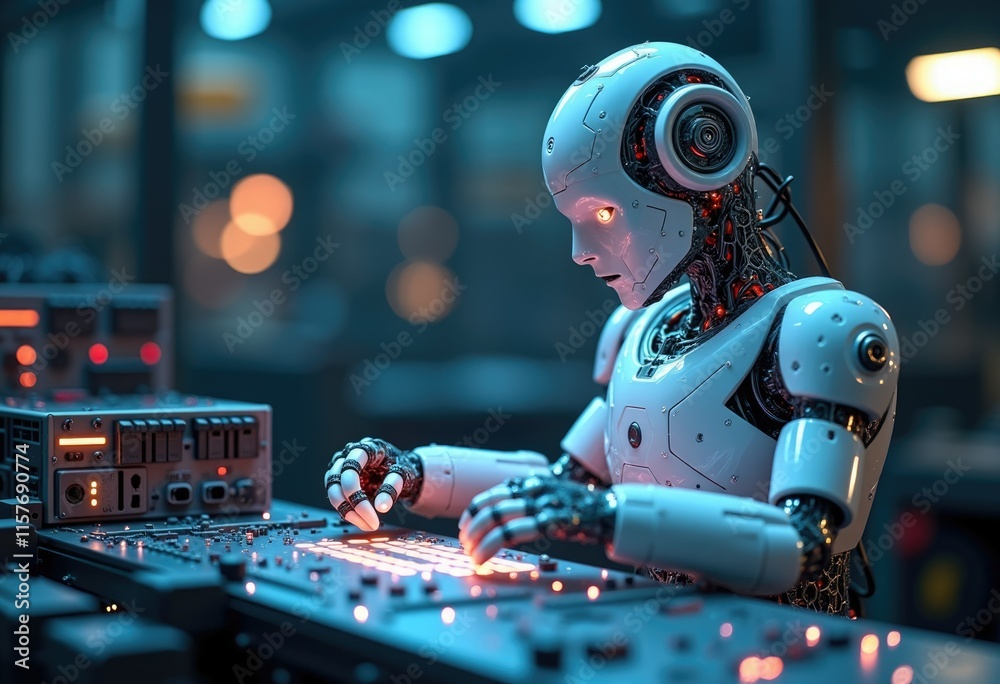 Poster a humanoid robot with glowing red eyes works at a futuristic console.