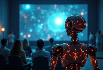 A humanoid robot watches a presentation in a dark room.