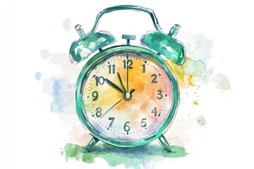 Watercolor illustration of an alarm clock, perfect for use in design projects or as a decorative element