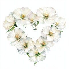 Watercolor White Flowers in Shape of Heart Isolated on White Background 