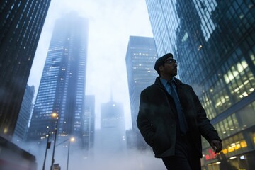 Fototapeta premium A man standing in the middle of a foggy city, perfect for use as a background or atmosphere image