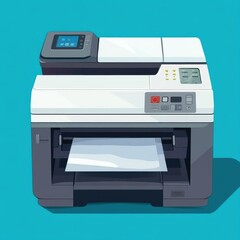 A modern multifunction printer on a vibrant blue background, showcasing advanced features and a sleek design.