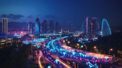 Fototapeta premium Smart digital Innovation city with connection network reciprocity over the cityscape. of future smart wireless digital city and social media networking systems that connects people with in city