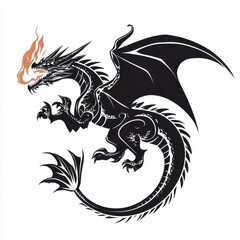 Obraz premium A fierce black dragon with intricate details, exhaling a vibrant flame, showcasing power and mythical charm.
