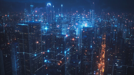 Fototapeta premium Smart digital Innovation city with connection network reciprocity over the cityscape. of future smart wireless digital city and social media networking systems that connects people with in city